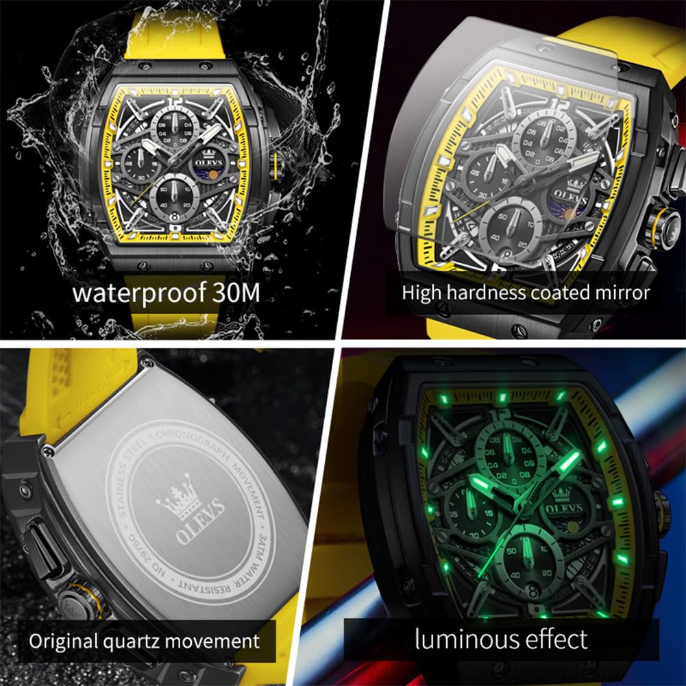 OLEVS Orologi da uomo, cronografo, grande, quadrato, al quarzo, analogico, cinturino in silicone, impermeabile, con data, orologio da polso da uomo