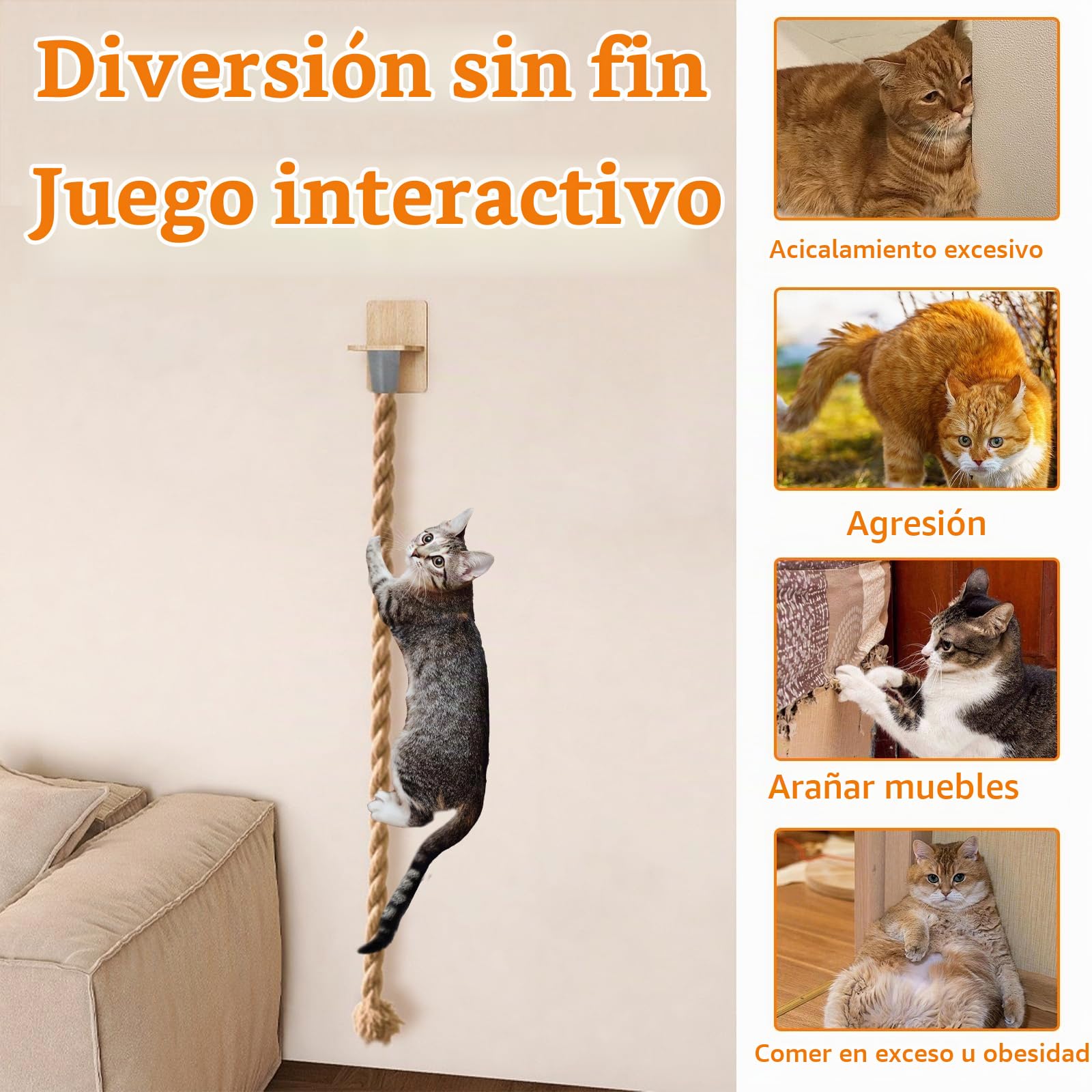 Rascador para Gatos Pared, Cuerda de Escalada de Pared para Gatos con Cojín de Salto para Gato, Estanterías para Gato con Cuerda de Escalada para Rascarse Las Garras, 1.7m