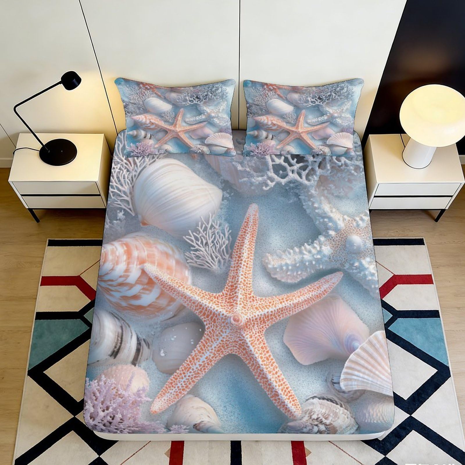 3D Printed Starfish Fitted Sheet Microfiber Soft Breathable Seashell Bed Cover for Bedroom Dormitory Guest Room Mattress Protection Decor 160x200x25cm