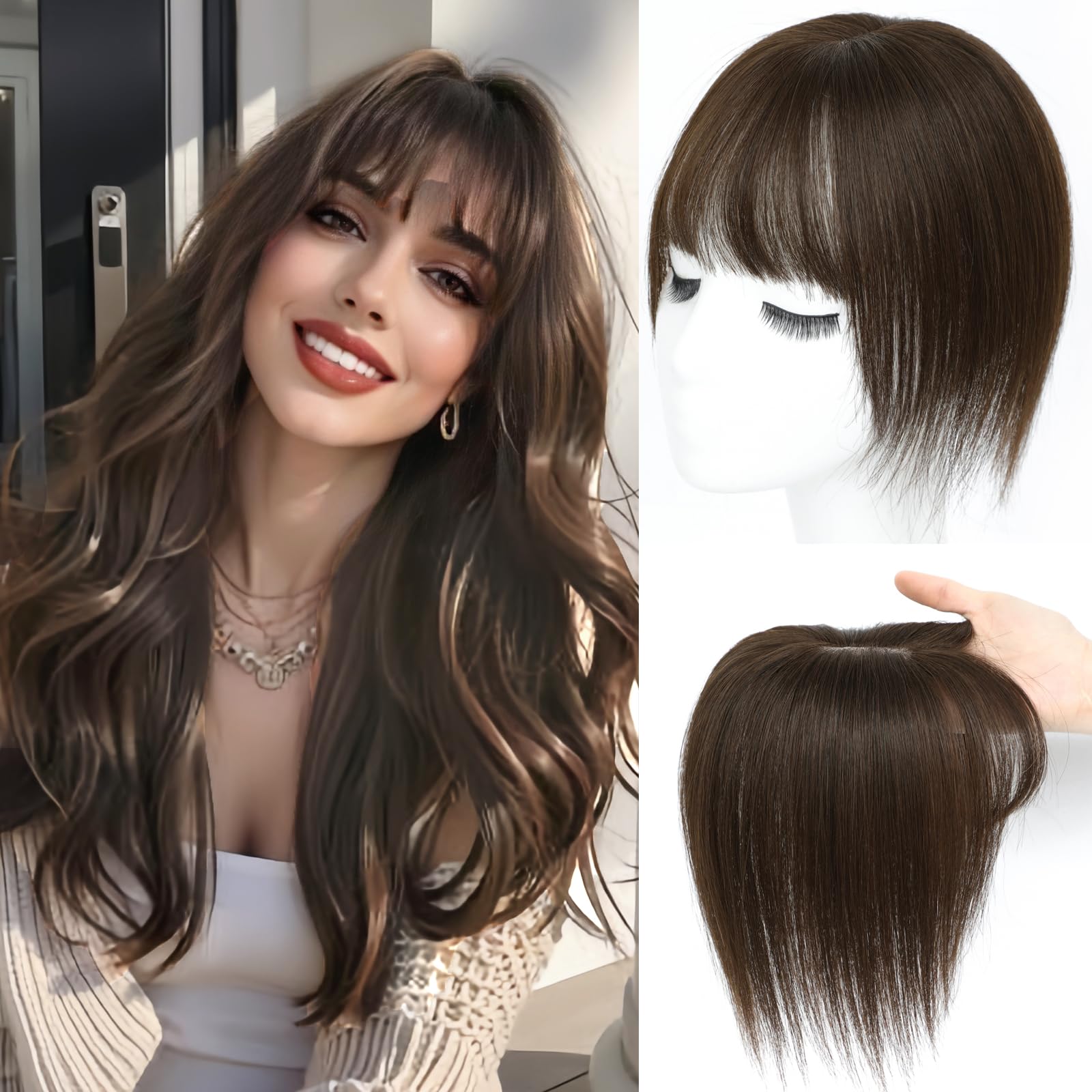Hair Toppers for Women Real Human Hair， 360°3D Cover Toppers Hairpieces for Women with Thinning Crown Wispy Clip in Bangs Realistic Scalp Hairline (Medium Brown, Wispy Bangs)