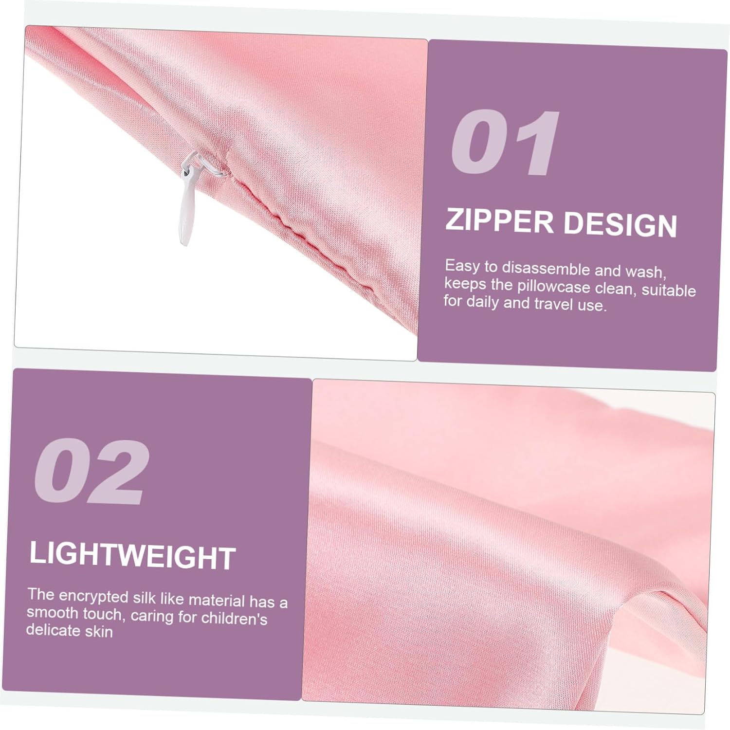 2pcs Pink Faux Silk Pillowcase with Zipper for Kids Home Travel