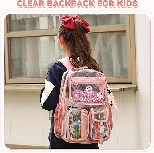 Miniatura 3 de Mochila transparente resistente, mochilas transparentes para la escuela, mochila para niñas aprobada por el estadio, con llavero, Rosado, Estándar,