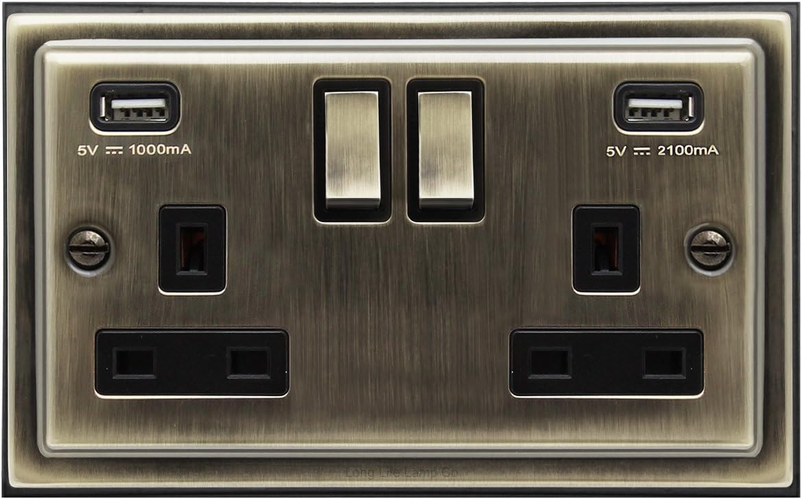 Antique Brass USB Double Wall Plug Socket 2 Gang 13A with 2 USB Charger Port Outlets Socket Plate BE776KME