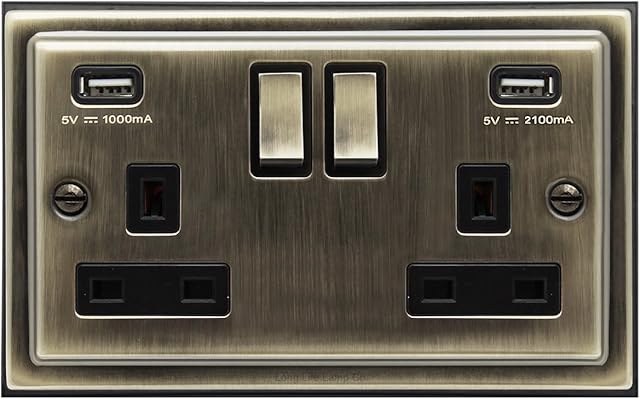 Antique Brass USB Double Wall Plug Socket 2 Gang 13A with 2 USB Charger Port Outlets Socket Plate BE776KME