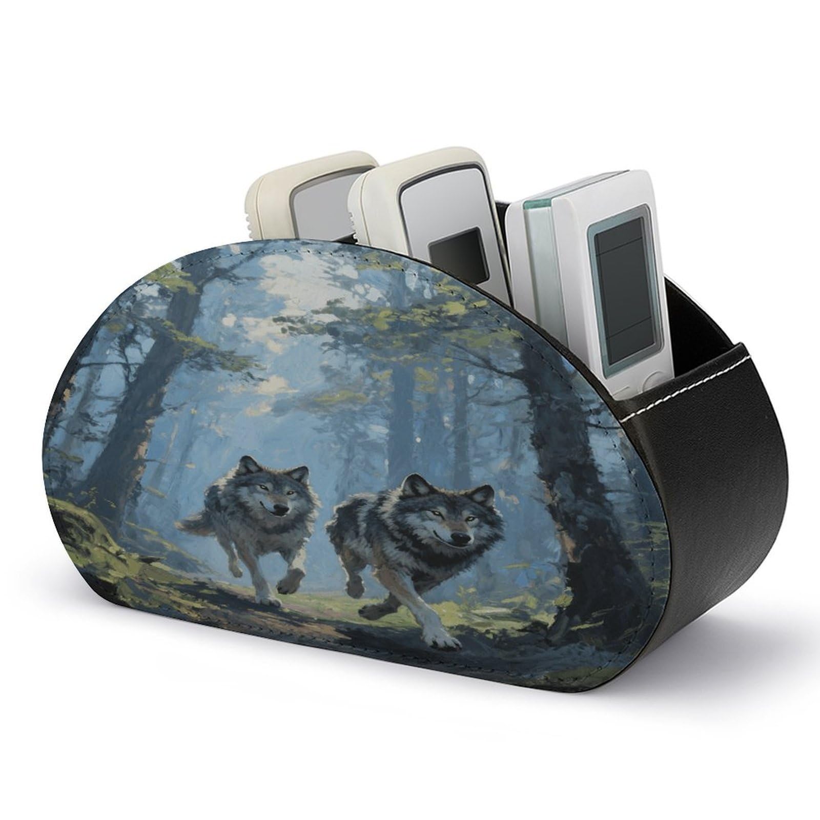 VstaDank Wolf Forest Remote Control Holder with 5 Compartments PU Leather Remote Caddy Desktop Organizer Store TV Remote Control Storage Box for Home Office Desk Nightstand