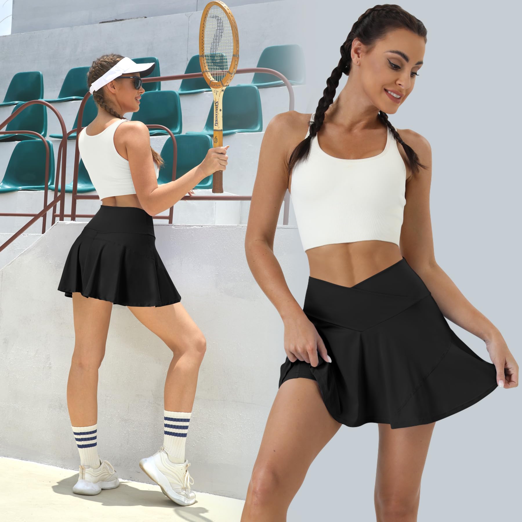 COPYLEAF Falda de tenis para mujer, falda de golf de cintura alta con bolsillos, pantalones cortos cruzados, falda plisada atlética