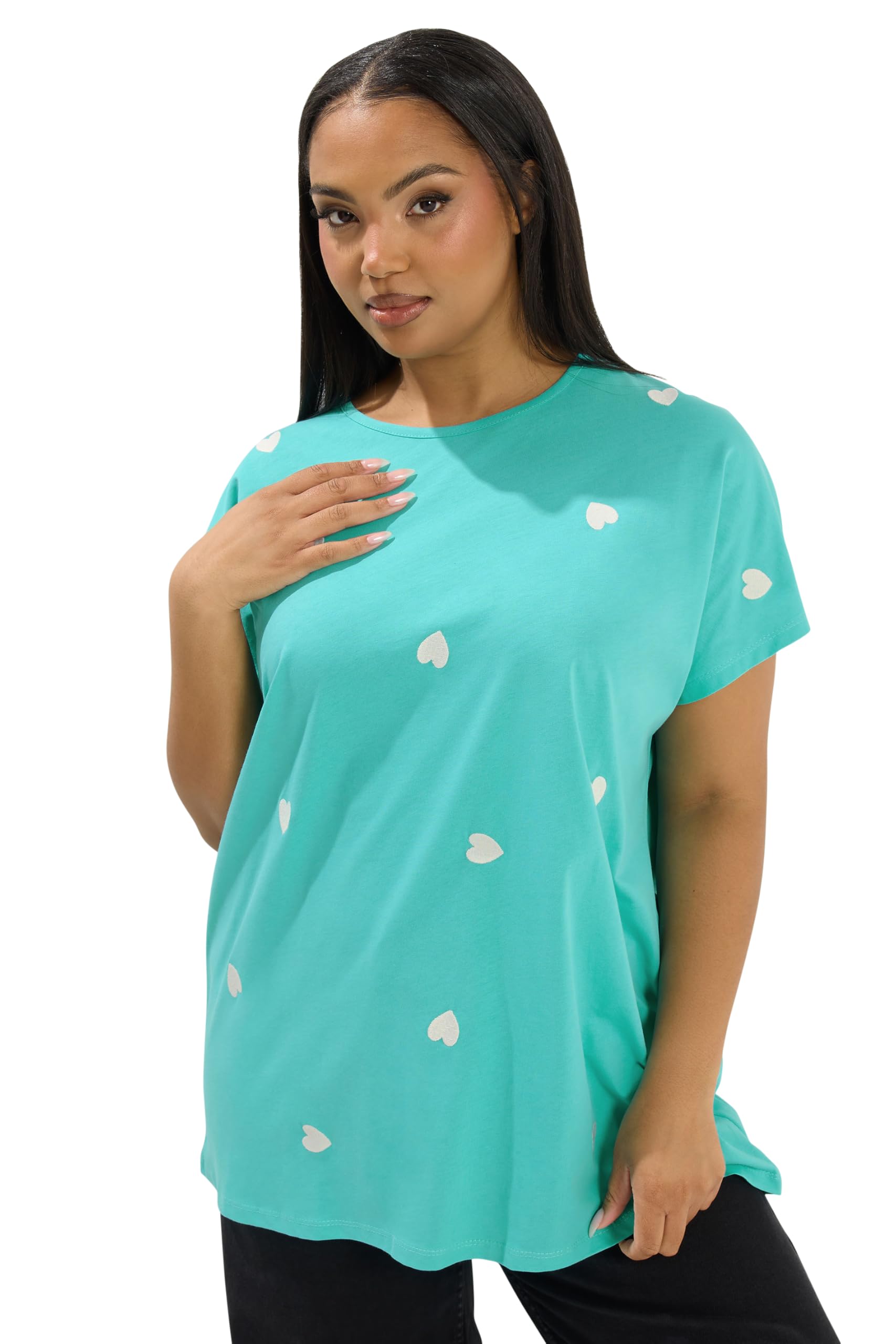 Yours Women's Embroidered Heart T-Shirt in Aqua | Size: 22-24