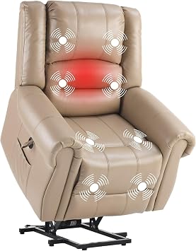 FLEXISPOT Power Lift Recliner Chair for Elderly, Electric Reclining Chair with Massage & Heat, USB & Type-C Charge Port, Faux Leather Single Sofa for Living Room,Light Brown