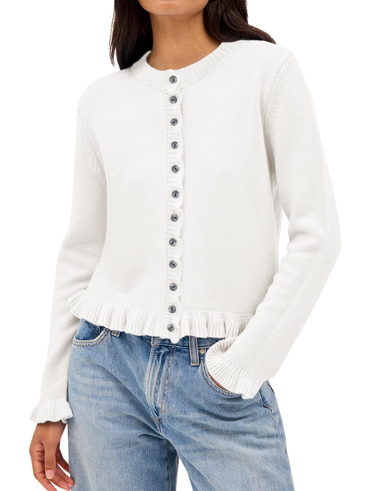 Balimtoy Womens Cropped Ruffle Cardigan Lightweight Crewneck Long Sleeve Button Down Cotton Fall Sweaters Cute Knit Top