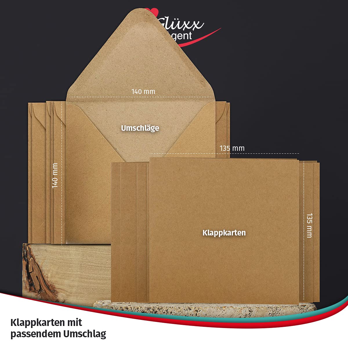 200 Umschläge + Klappkarten Quadratisch - Kartenset aus Kraftpapier Selbstgestalten - Blanko Faltkarten 220 g/m² 13,5 x 13,5 cm - Natur Briefumschläge 90 g/m² 14 x 14 cm