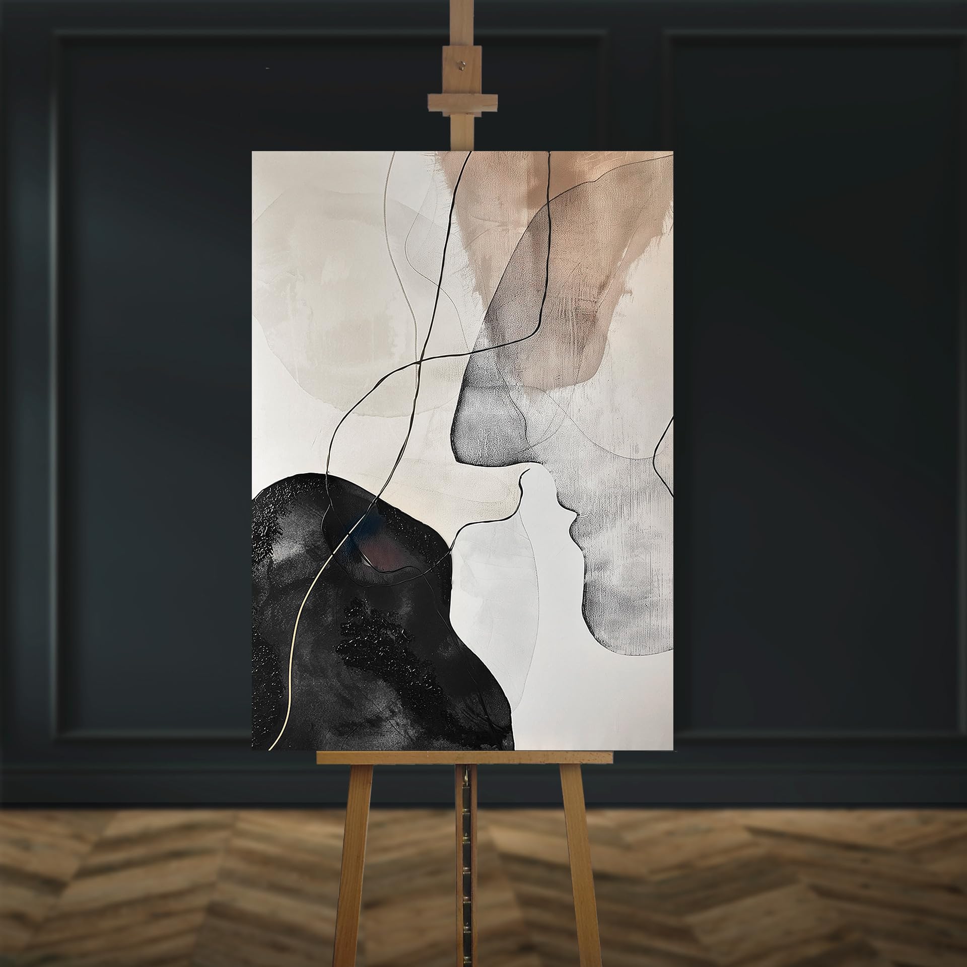 STYLER Quadro su tela Kiss 70 x 100 cm - Disegno di linee astratte in tonalità beige, nere e naturali - Moderna tela dipinta a mano della collezione Whispers of Form