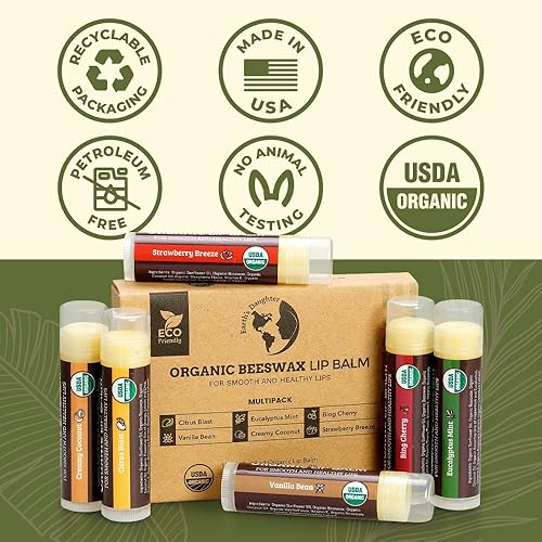 Miniatura 6 de Earth's Daughter Bálsamo labial orgánico USDA paquete de 12 (2x paquetes de 6)  Sabores de frutas, cera de abejas, aceite de coco, vitamina E  El