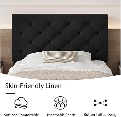 Miniatura 4 de BarnFurin Marco de Cama Twin, Cama Plataforma Tapizada con Cabecera con Capitoné de Botones, Marco de Cama de Tela con Soporte de Listones de Negro