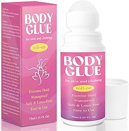 Strong Hold Body Glue for Skin and Fabric, Roll On Clothing Adhesive for Dresses and Dance Costumes, Sweat Resistant Fashion Glue for Socks, Strapless Tops, Performance Wear, 75ml