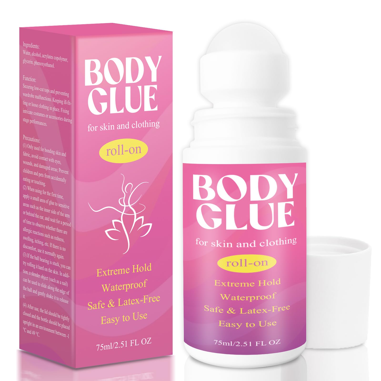 Strong Hold Body Glue for Skin and Fabric, Roll On Clothing Adhesive for Dresses and Dance Costumes, Sweat Resistant Fashion Glue for Socks, Strapless Tops, Performance Wear, 75ml