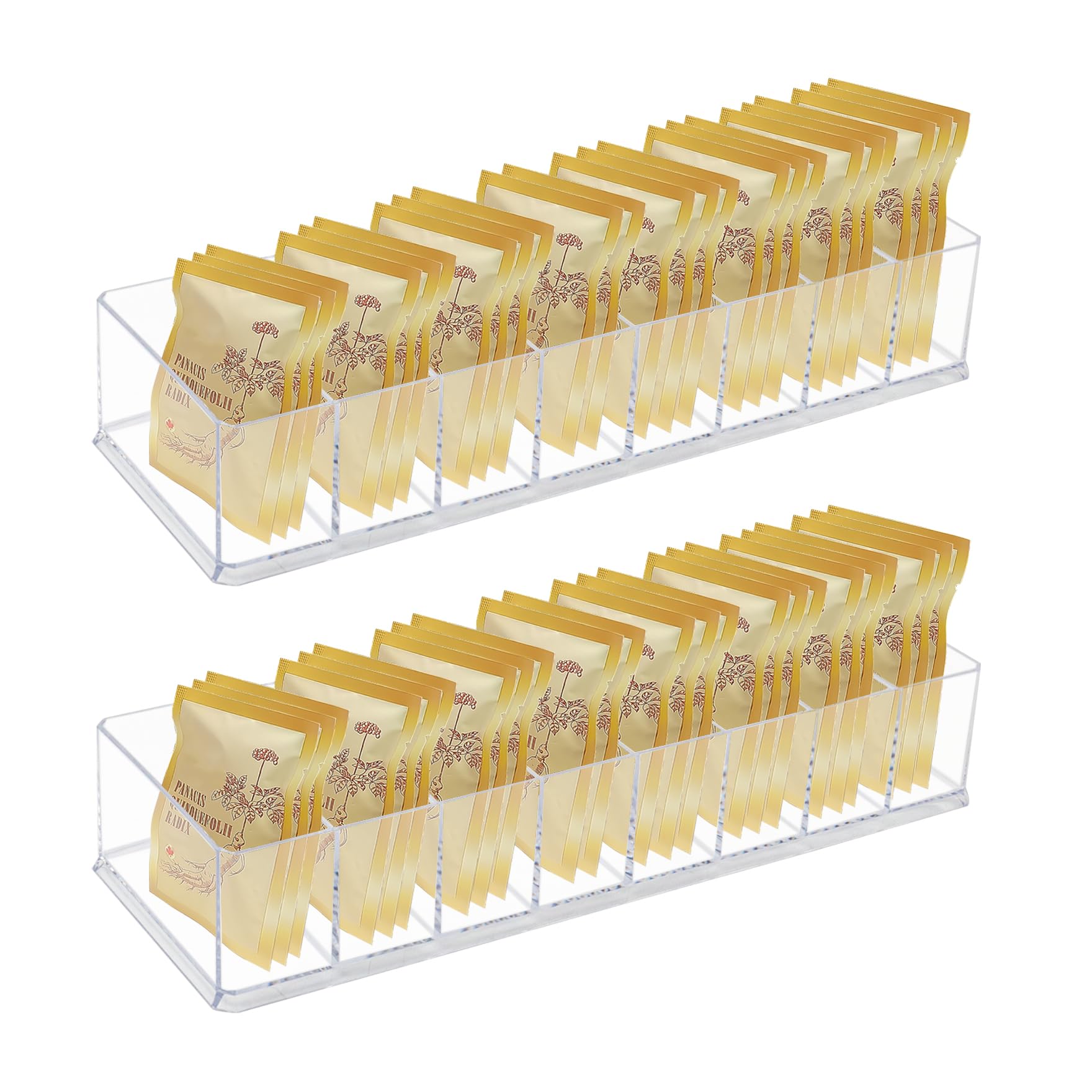 Klmnop 2 Pack Tea Bag Organizer, Clear Acrylic Tea Bag Holder with 8 Compartments for Kitchen, Pantry, Cabinet, Countertop(10