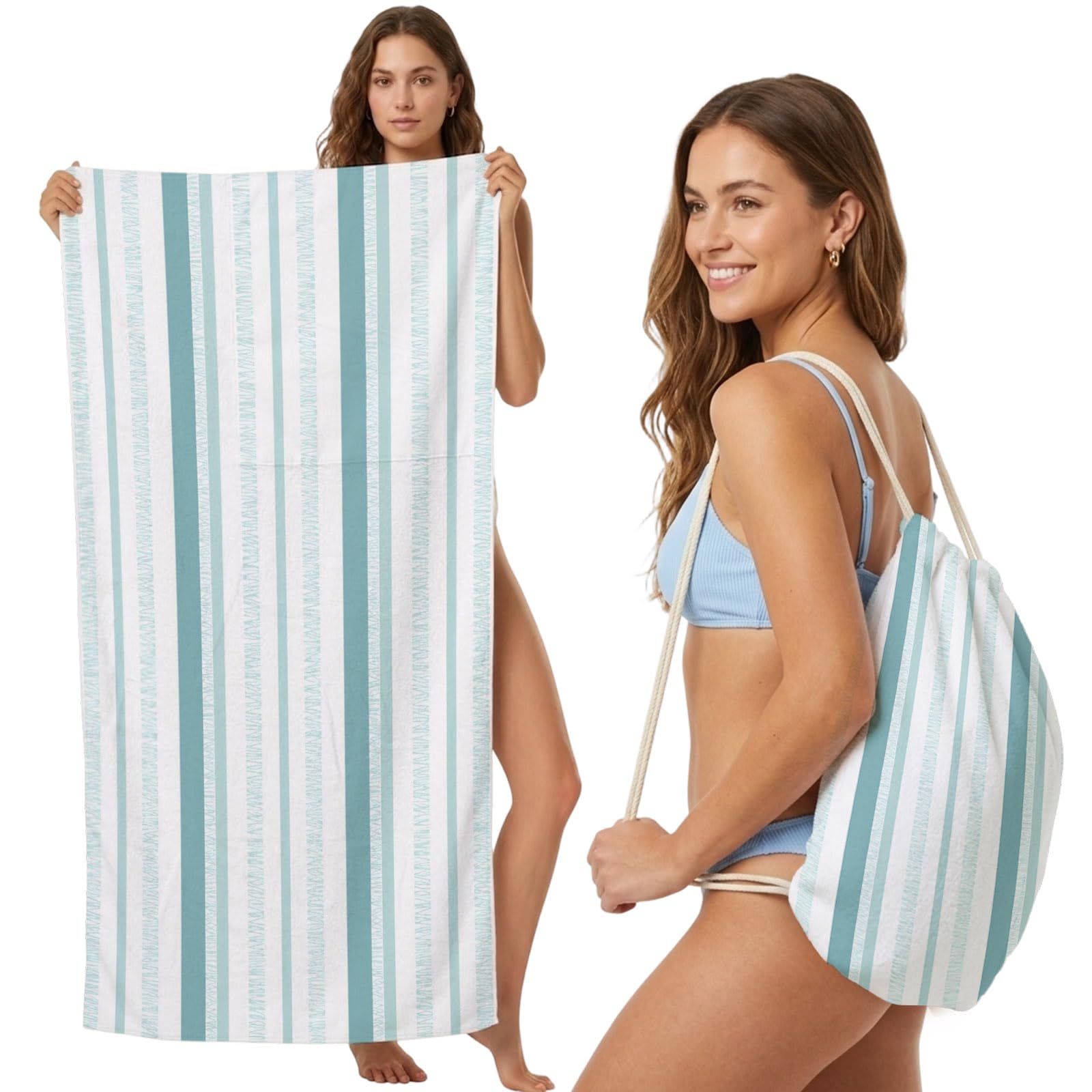 Beach Towel Bag 2 in 1 Turquoise Vertical Stripes Bath Pool Towels Backpack Mixed Width Striped Absorbent Beach Towel Soft Quick Dry Lightweight Packable Towels Drawstring Bag for Travel Sports Yoga