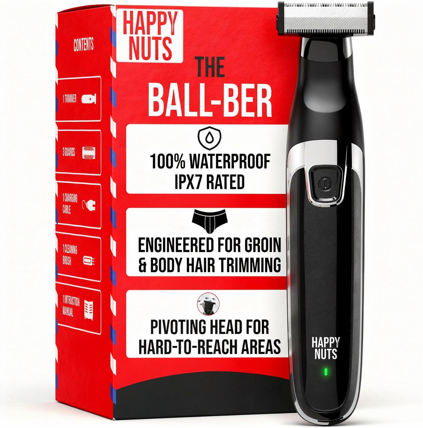 - HAPPY NUTS The Ballber™ Electric Body Hair Trimmer for Men - Mens Body Groomer Kit for Privates - IPX7 Waterproof Shaver for Hard to Reach Areas