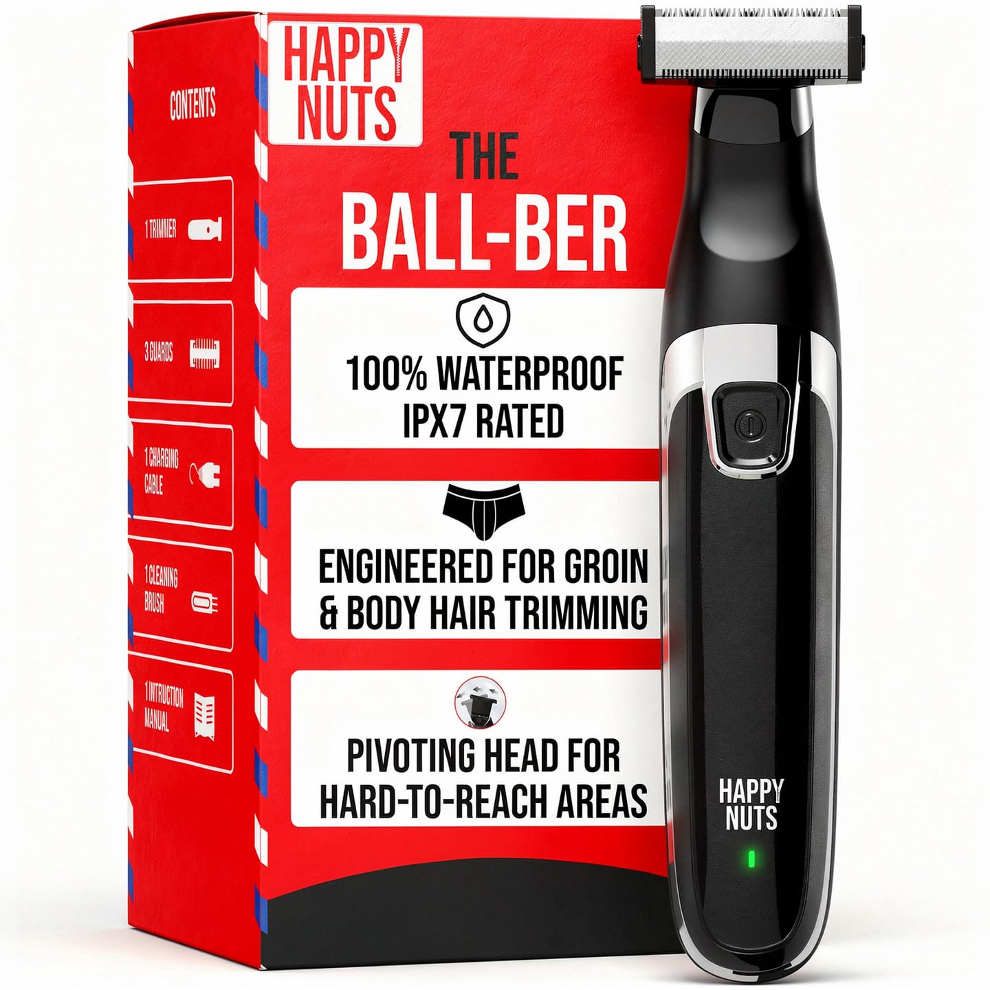 HAPPY NUTS The Ballber™ Electric Body Hair Trimmer for Men - Mens Body Groomer Kit for Privates - IPX7 Waterproof Shaver for Hard to Reach Areas