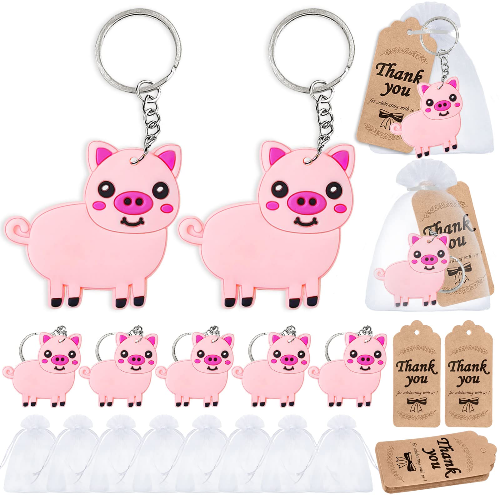 60 Pack Animal Party Favor with 20 Pig Keychains, 20 Tags, 20 Bags for Farm Animal Lover, Baby Shower, Birthday, Pink