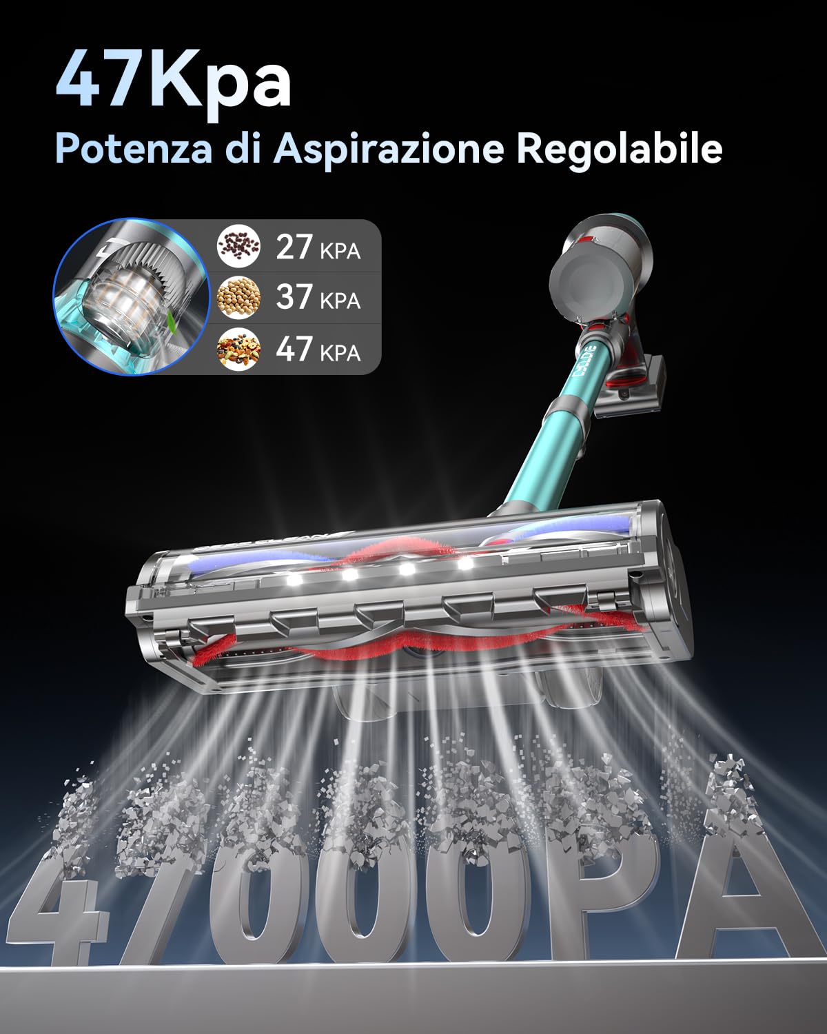 Dsoope YU7 Aspirapolvere senza Fili 580W 47KPa 70 Minuti, Scopa Elettrica senza Filo Potente con Touchscreen Intelligente, Stare in Piedi da Solo, Anti-Groviglio per Pavimenti Tappeti