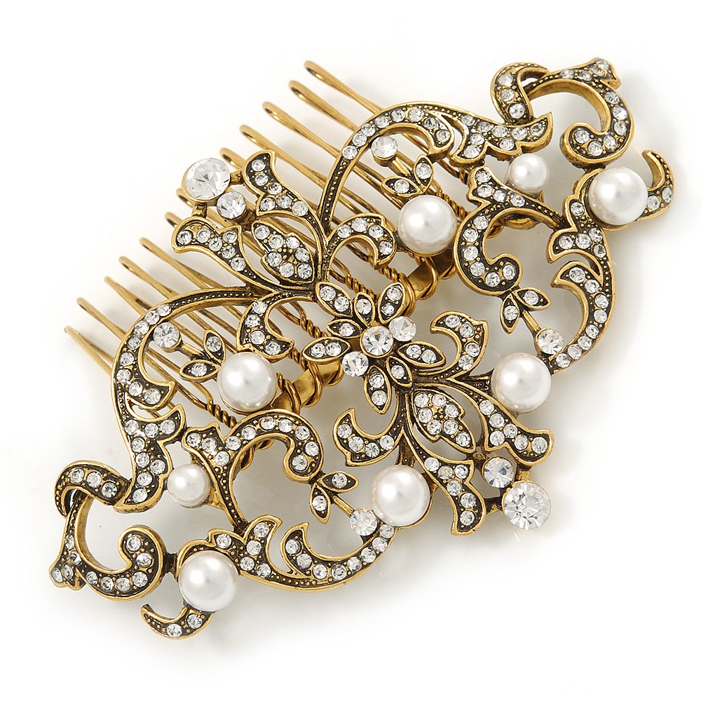Avalaya Bridal/Wedding/Prom/Party Art Deco styl antyczny złoty odcień biała sztuczna perła i austriacki kryształ grzebień do włosów - 95 mm szer.