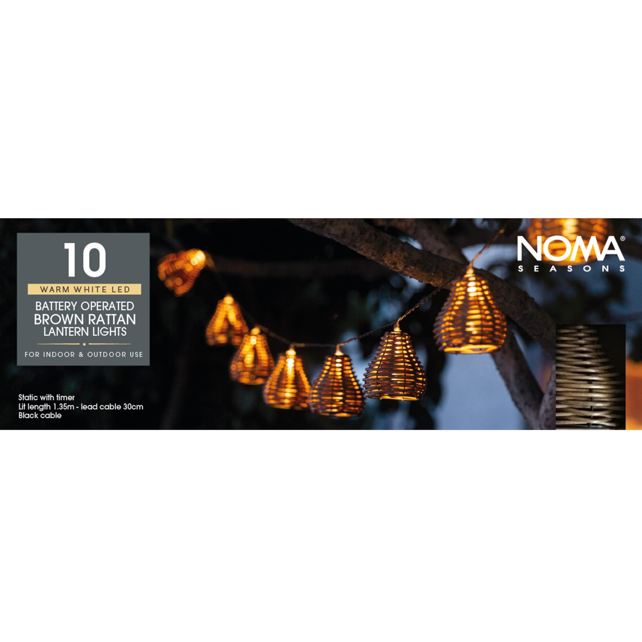 Noma Brown Rattan Festoon Lights – Battery Operated Shaded Light String, Weather Resistant, Timer Function (Pack of 10)