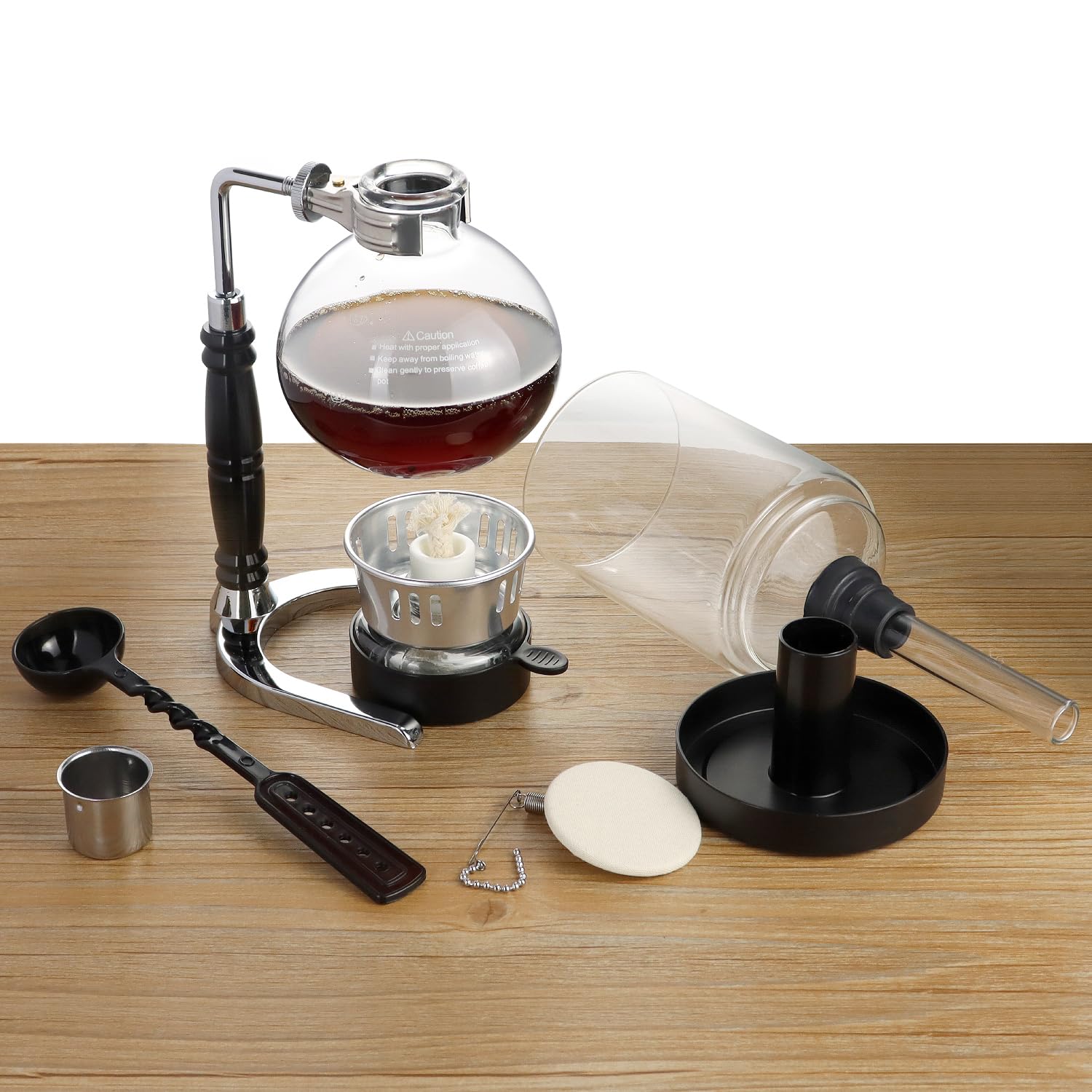 QWORK Cafetera de sifón de 5 tazas (600 ml) – Cafetera de sifón de vidrio de borosilicato con abrazadera de amortiguación ajustable, resistencia a altas temperaturas, sifón de vidrio de mesa para café
