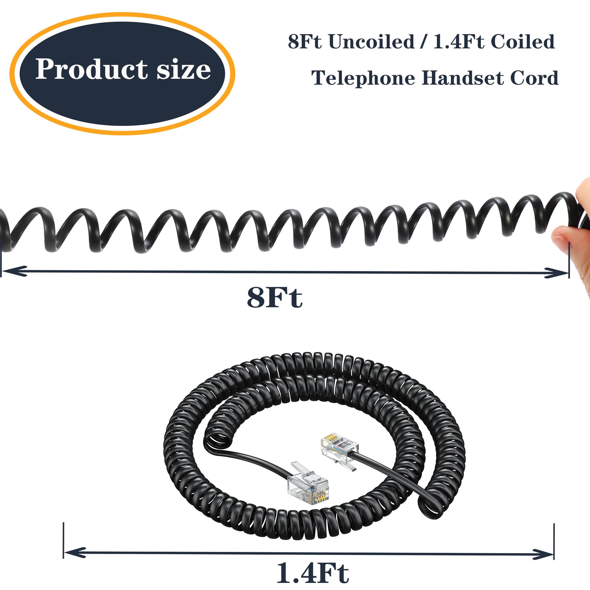 Cavo telefonico RJ9 4P4C, cavo telefonico a spirale, confezione da 10 pezzi da 2,4 m non arrotolato, cavo a spirale per telefono fisso RJ9 4P4C, accessorio telefonico – Confezione da 20