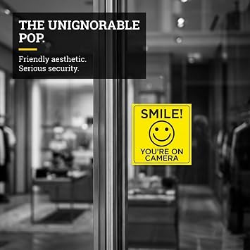 Smile You're on Camera Sticker, 6x 6 Inch, 4 Pack, Durable, Black and Yellow, Self-Adhesive