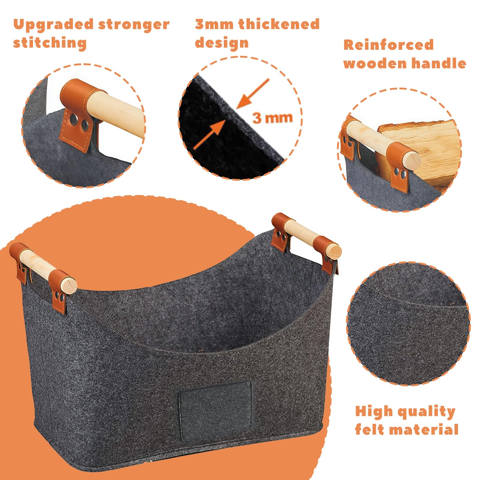 2-Pack Felt Firewood Baskets with Wooden Handles, 57L Foldable Log Holder for Indoor/Outdoor Fireplace - Image 3
