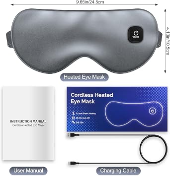 Cordless Heated Eye Mask for Dry Eyes, Blocking Light Warm Compress Rechargeable, 1000mAh Electric Eye Heating Pad for Sleeping, Washable Heat Sleep Mask with 3 Temperature Settings, Grey