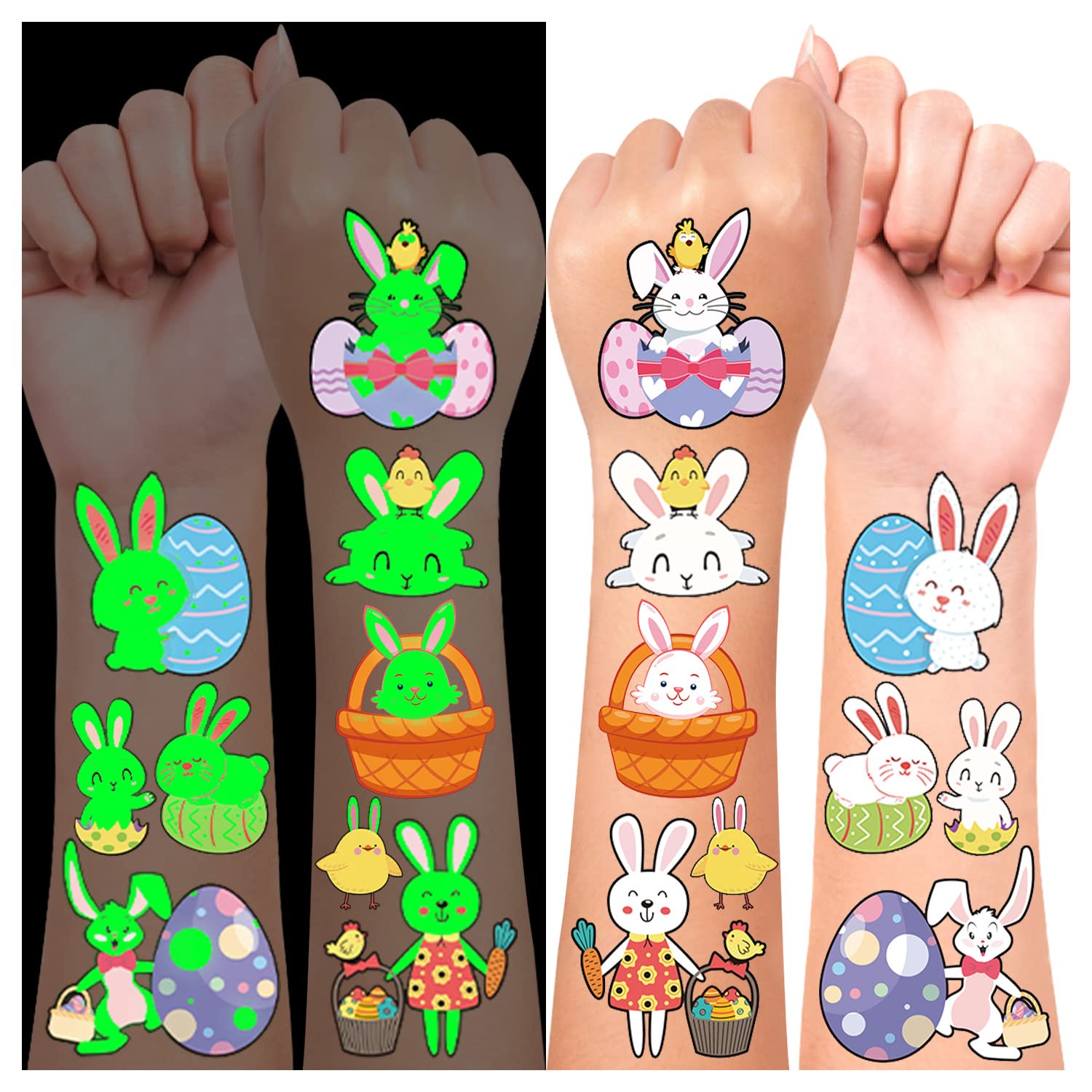 Leesgel Pasqua Tatuaggi per Bambini, 12 Fogli Luminosi Tatuaggi Temporanei per Caccia alle Uova Pasqua Decorazioni Pasquali per Gadget Compleanno Bambini Giochi Festa Regalo
