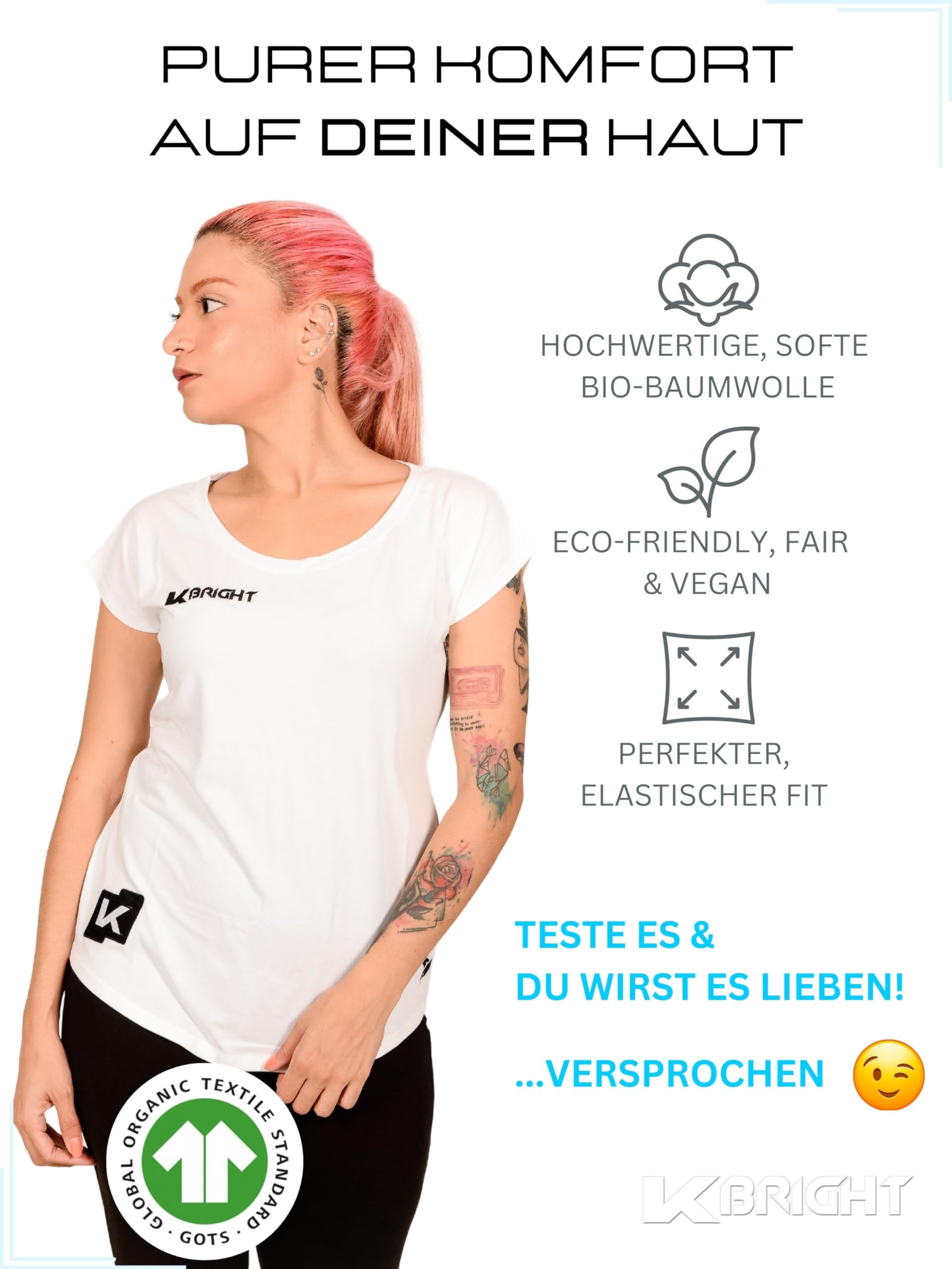 K-BRIGHT Camiseta de Mujer | Algodón orgánico de Primera Calidad - Fabricada en Europa - Vegana| Sostenible. Fair. Deportivo.
