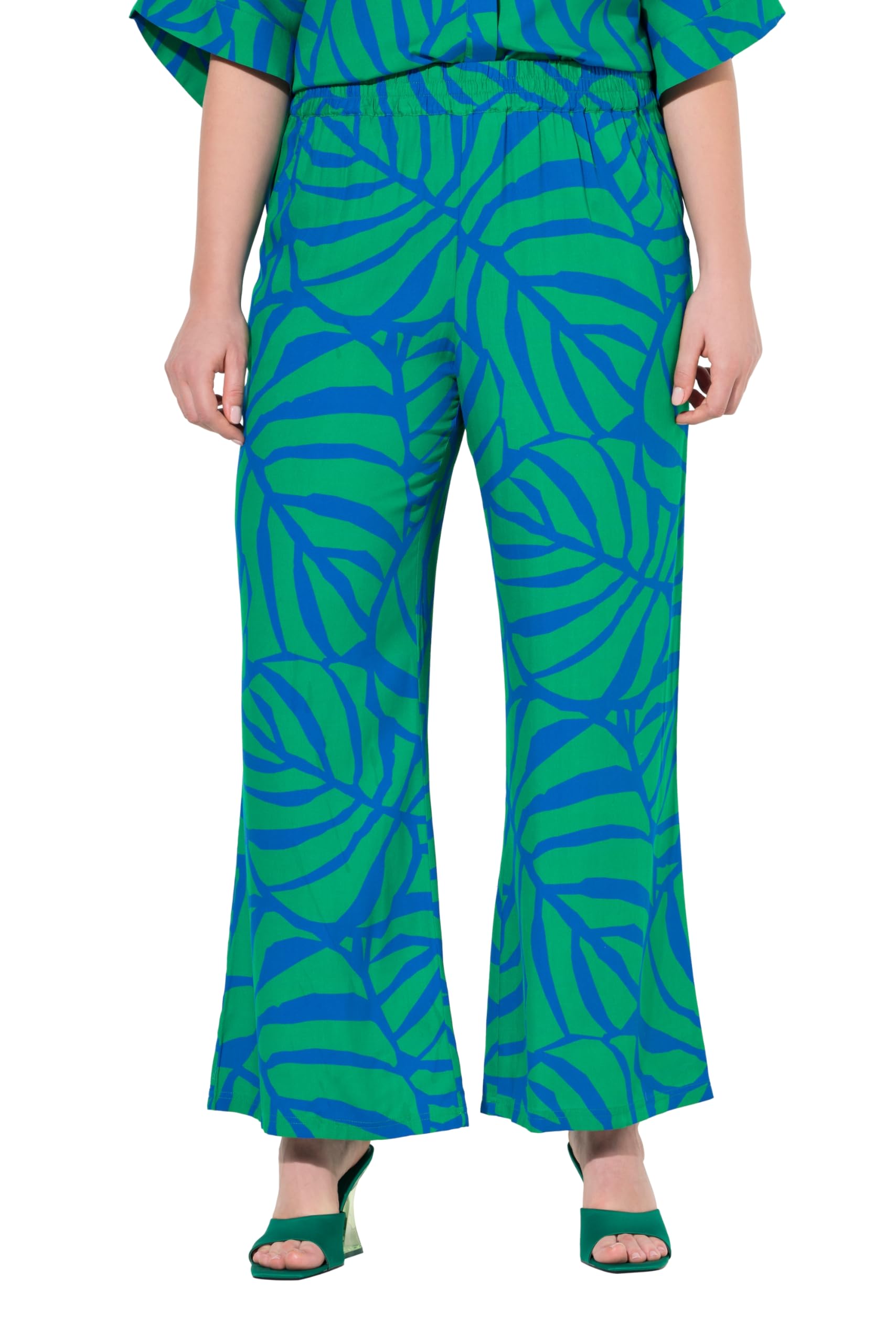 Ulla Popken Damen große Größen Übergrößen Plus Size Hose, Blätter, weites, gerades Bein, Elastikbund 848085