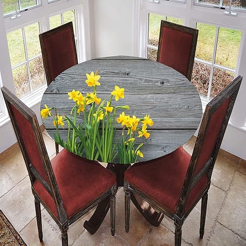 Miniatura 2 de Mantel redondo de flores amarillas, ramo de narcisos en tablones de madera, jardinería, tema rústico de vida campestre, borde elástico, mantel de