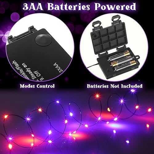 Miniatura 5 de Hiboom Paquete de 2 luces de Halloween naranjas y moradas, 16.4 pies, 50 LED, 8 modos de luces de hadas que funcionan con pilas para bricolaje,
