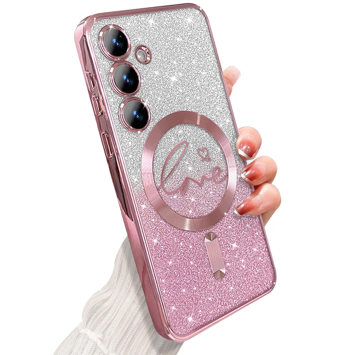ZONRW for Samsung Galaxy S24 Plus Case Magnetic,for Women Girl Soft Cute Luxury Love Heart Plating Bling Glitter Gradient Clear Phone Case Compatible