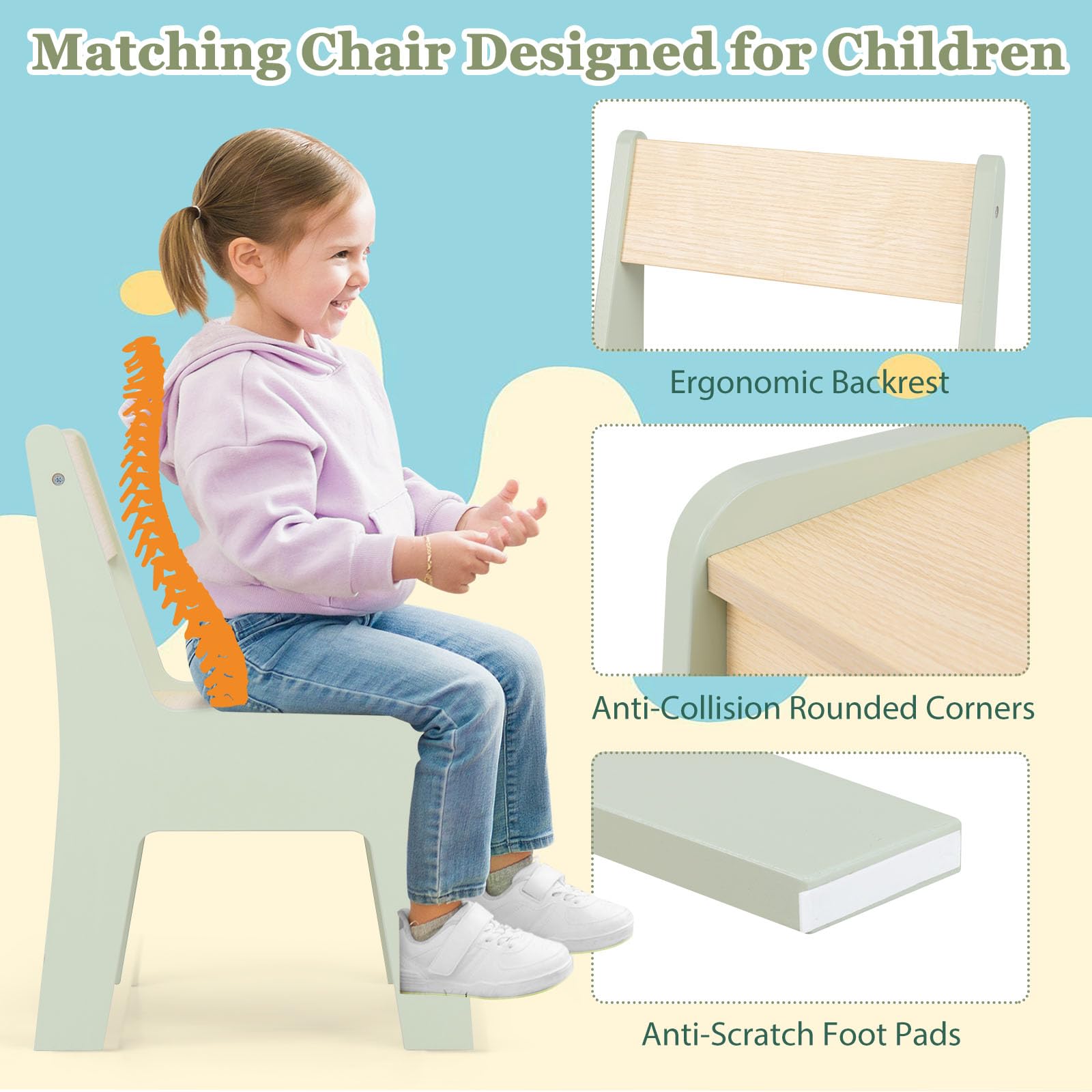LIFEZEAL Tavolino e Sedia per Bambini 3+Anni, Tavolo con Lavagna Bifacciale, Contenitore Nascosto, Rotolo di Carta, Sedia con Schienale, Tavolino Montessori Multiattivita per Cameretta (verde)