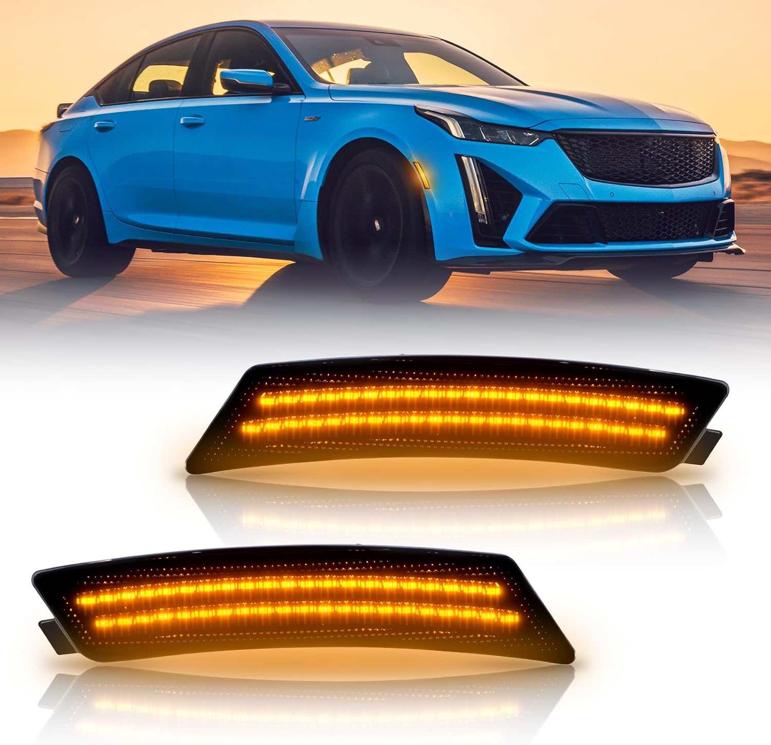 Bestview LED Side Marker Lights Compatible with 2020-2024 Ca-dillac CT5, Front Bumper Amber LED Lamps with Smoked Lens