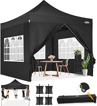 COBIZI 10x10 Heavy Duty Pop Up Canopy Tent with Sidewalls, Easy Up Canopy | Commercial, Outdoor Wedding Party Tents for Party, Waterproof Gazebo, All Season, with Roller Bag, Frame Thickened, Black