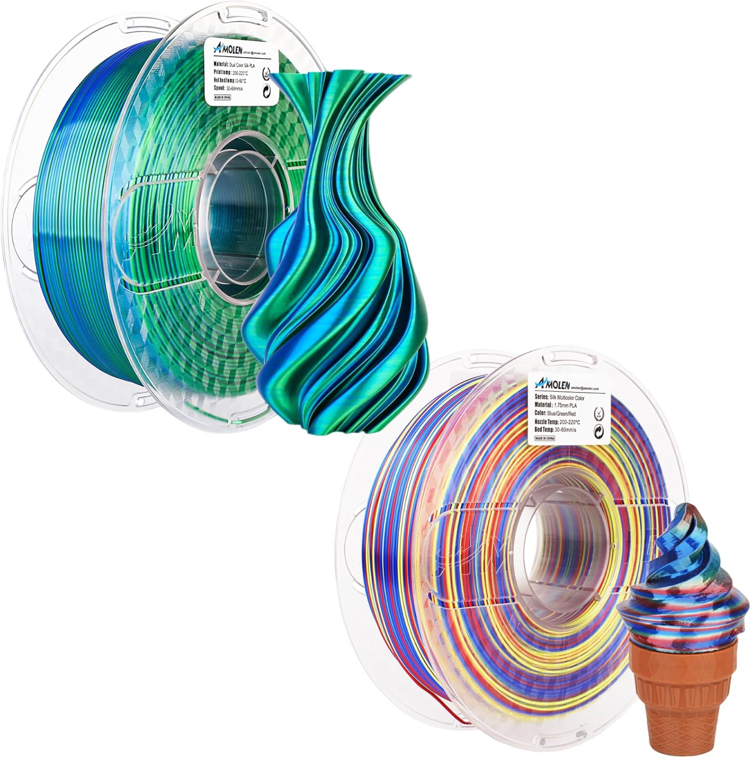 AMOLEN 3D Printer Filament, Dual Color Silk Blue Green & Silk Multicolor Blue Red Green PLA