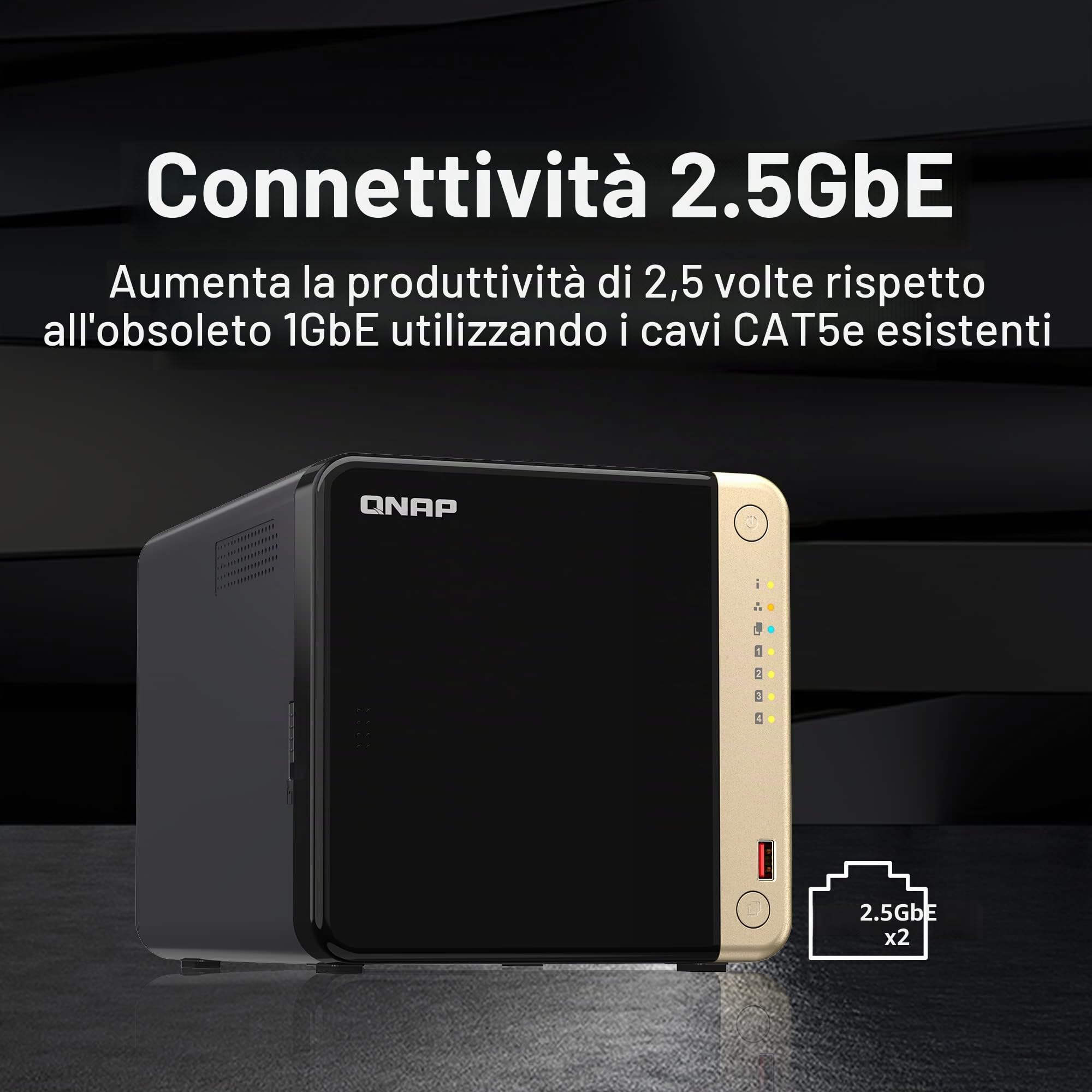 QNAP TS-464-8G-US NAS desktop ad alte prestazioni a 4 alloggiamenti con processore Intel Celeron Quad-core, slot M.2 PCIe e doppia connettività di rete 2,5GbE (2,5G/1G/100M) (senza disco)