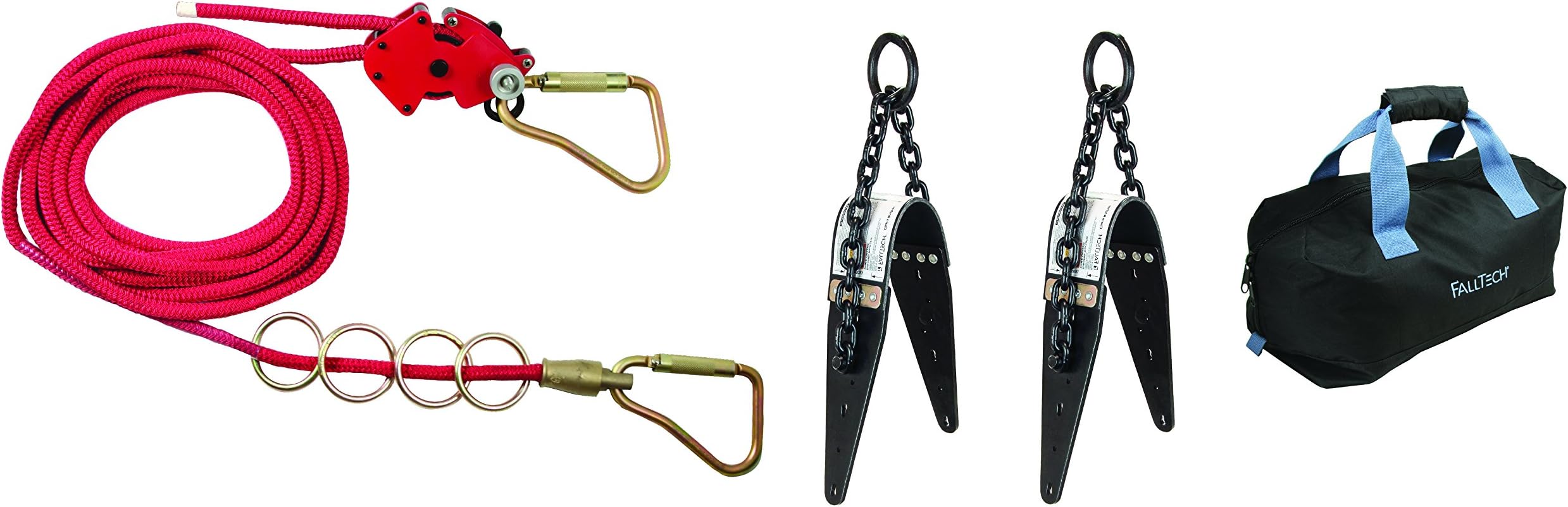 FallTech 7493A504 4-Person Temp HLL/Chain Anchor Kit - 2 Chain Roof Anchors, 50' Rope, Line Tensioner, 4 O-Rings, 2 Carabiners, Storage Bag, 50', Red