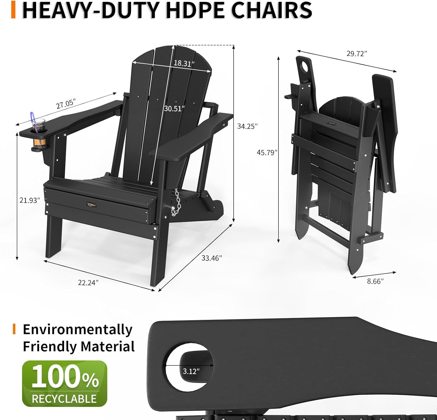 VINGLI Plastic Adirondack Chairs Set of 2, Folding with Cup Holder, Waterproof HDPE Material, Comfortable 380lb Weight Capacity for Outdoor Pool Patio Lounge Chair Lawn Furniture Firepit (Black)