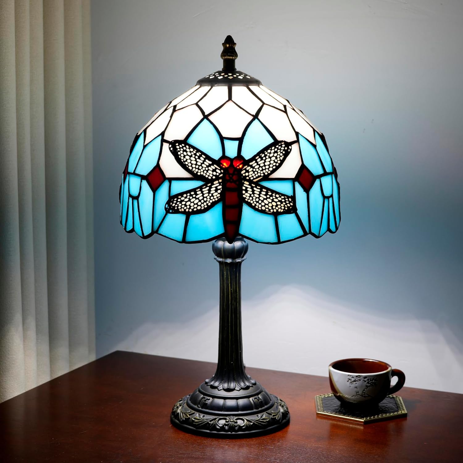 Tiffany Table Lamp Blue Dragonfly Stained Glass Bedside Lamp Antique Unique Cute Accent Nightstand Light for Home Living Room Office Dormitory Bar Decorate