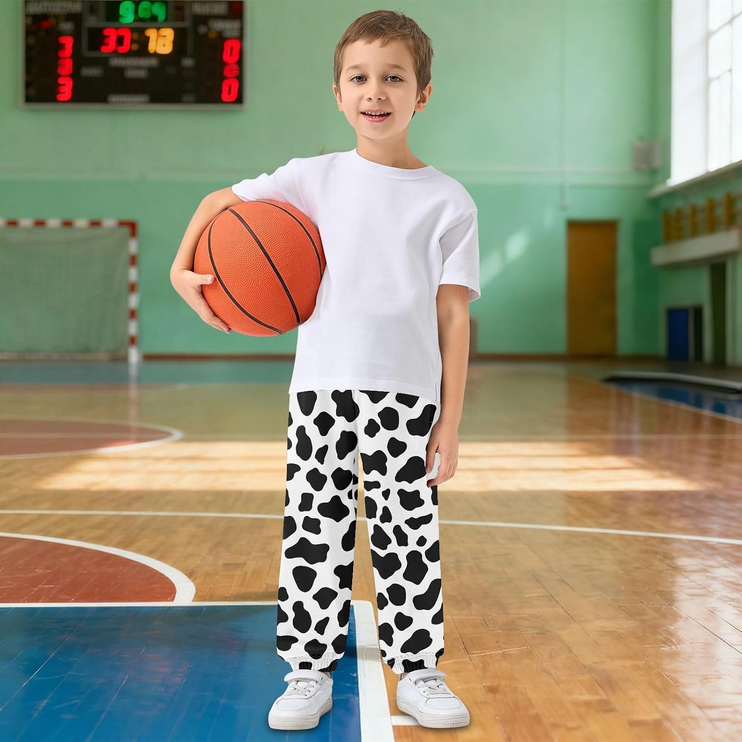 Boy Sweatpants Black White Cow Skin Print Joggers Casual Athletic Pants Kids Elastic Waist Cuffed with Pockets