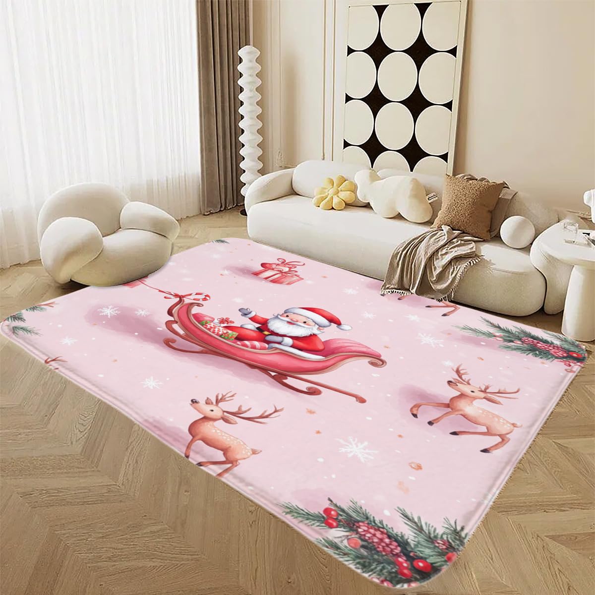Tapis Père Noël de salon antidérapant en flanelle douce pour décoration de fête