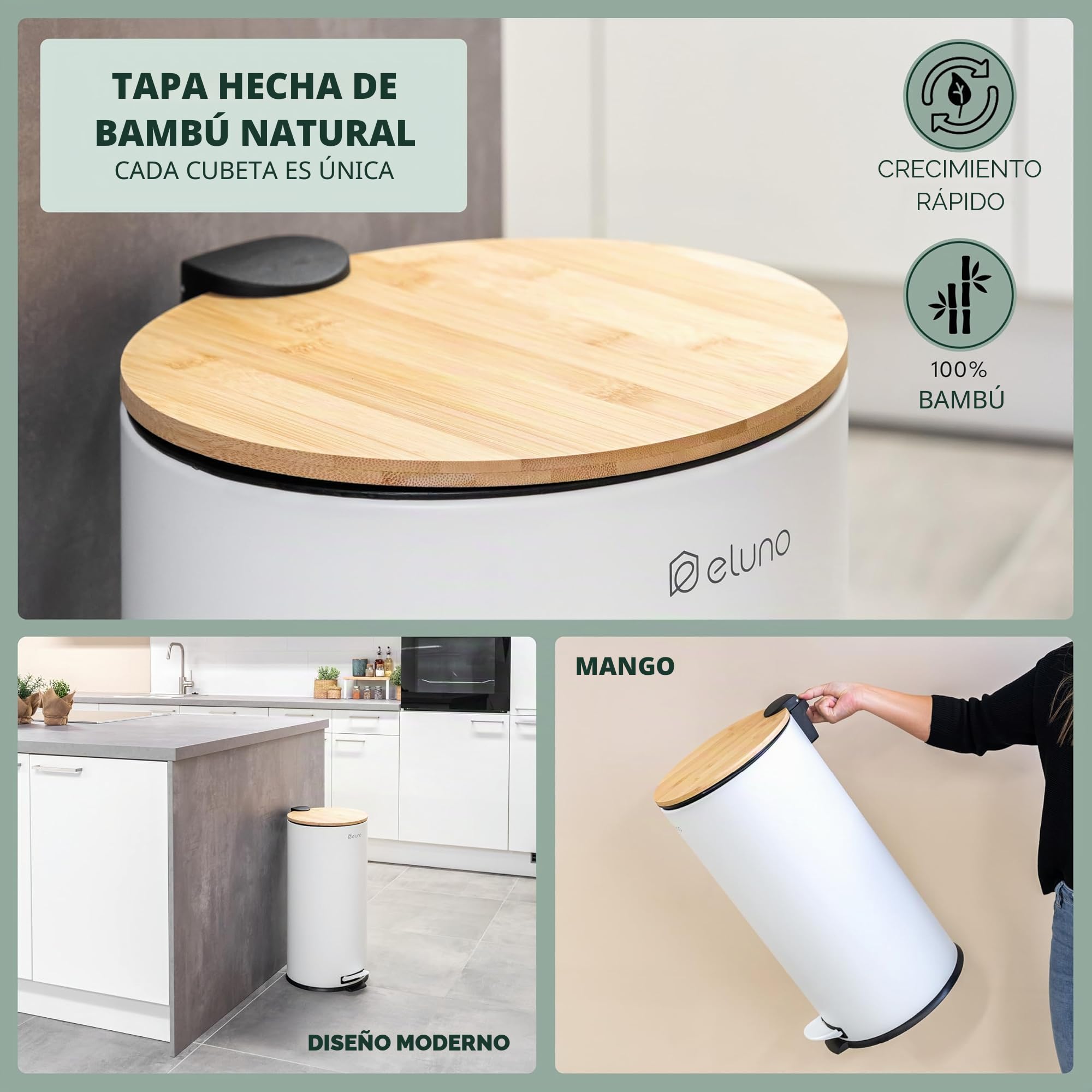 eluno Cubo de basura de cocina con pedal de 30 litros de capacidad, con tapa de bambú de cierre suave para baño, cocina, cubo interior de plástico extraíble, de bambú y metal (Blanco)