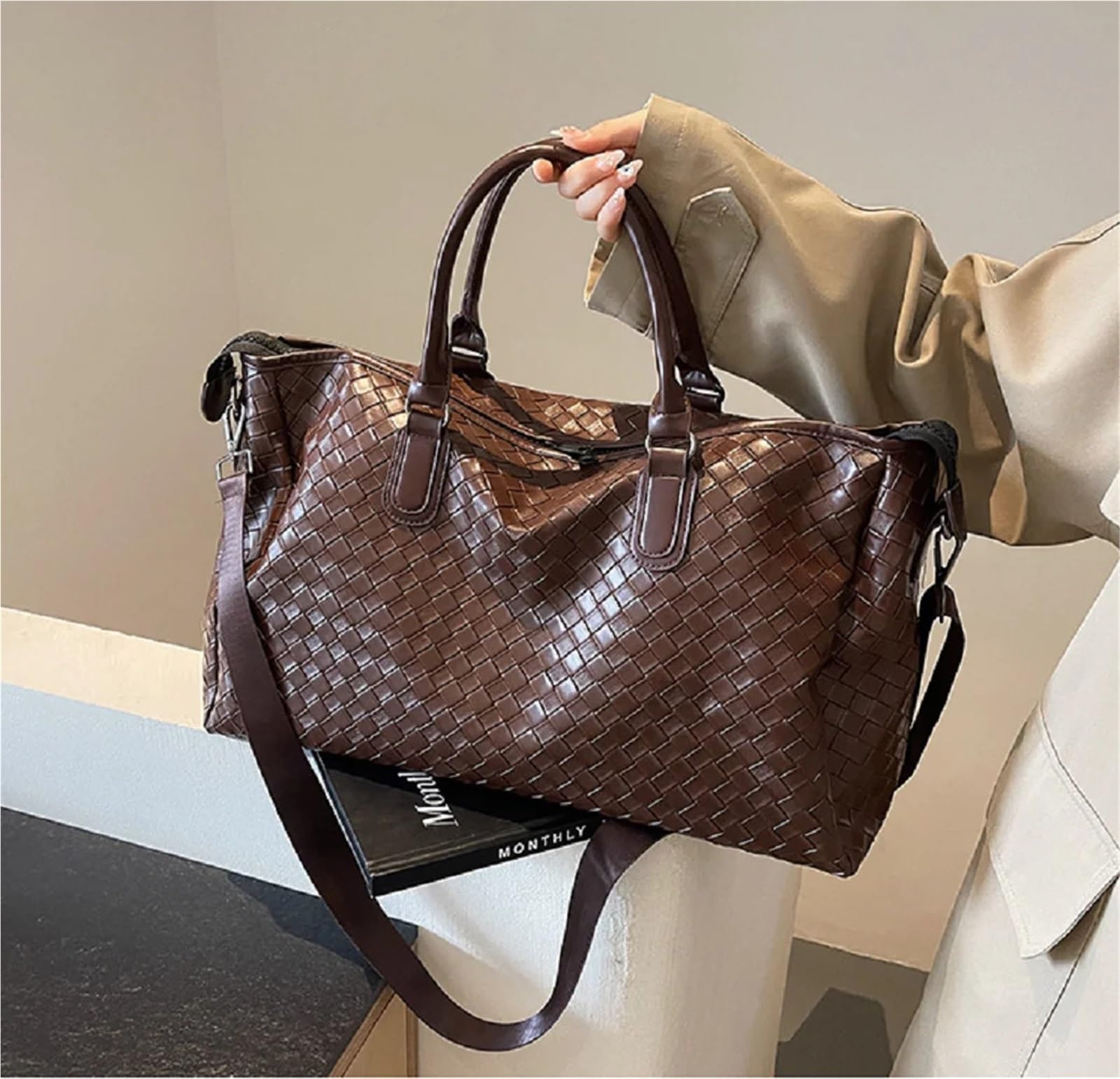 Borsa da Viaggio in Pelle Uomo Donna Moda Tessitura PU Pelle Viaggio Borsone Tote Grande capacità Borse a Tracolla Business Casual Borsa a Mano(Brown)